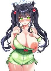 1girl absurdres animal_ear_fluff animal_ears black_hair blue_archive blue_halo breasts casual_one-piece_swimsuit commentary_request green_eyes green_one-piece_swimsuit hair_bobbles hair_ornament halo highres huge_breasts leon_no_neko long_hair nipples official_alternate_costume official_alternate_hairstyle one-piece_swimsuit one_breast_out polka_dot polka_dot_one-piece_swimsuit polka_dot_swimsuit self_cosplay shun_(blue_archive) shun_(small)_(blue_archive) solo swimsuit tiger_ears tiger_girl twintails very_long_hair