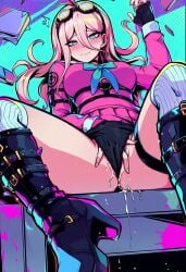 1girl 1girls ai_generated black_panties blush blush_lines blushing blushing_at_viewer boots clothed_masturbation danganronpa danganronpa_v3 embarrassed embarrassed_female female_masturbation fingering fingering_through_panties iruma_miu kneehigh_socks kneehighs looking_at_viewer mahamoan masturbation panties pussy_juice pussy_juice_drip sitting solo solo_female
