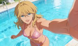 anime bathing_suit bikini blonde blonde_female blonde_hair breasts christine_blake_(lazarus) cleavage female lazarus_(anime) lipgloss manga midriff pool poolside rattoilet selfie taking_picture