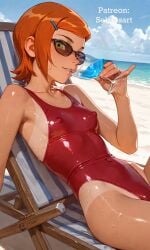 age_progression ai_generated beach ben_10 blush cocktail erect_nipples erect_nipples_under_clothes fit fit_female green_eyes gwen_tennyson looking_at_viewer mature_female paid_reward_available patreon petite sebassart sexy short_hair slim_waist solo sportswear sweat swimsuit thick_thighs tight_clothing
