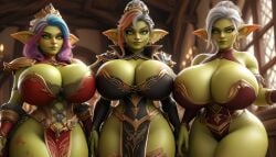 3d 3girls 3women ai_generated apron big_ass big_breasts bimbo black_hair cake cave coffee cute_face cute_female dancer_outfit fantasy female female_only goblin goblin_female gothic_makeup green_eyes green_skin green_skinned_female heat lactation milk milk_squirt mischievous multi-colored_hair pointed_ear ravenomega sexy_body sexy_woman solo_female sweating_body text voluptuous_body white_hair white_hair_female