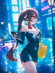 1girl ahoge ai_generated alternate_costume bag bare_legs bare_shoulders black_choker black_dress black_footwear black_hair black_nails blue_hair blue_nails blurry blurry_background blush bra_strap breasts breath bright_pupils brown_choker brown_dress brown_footwear brown_hair brown_sweater building carrying_bag casual cellphone choker city city_lights closed_mouth collarbone colored_tips contemporary covered_navel cowboy_shot crosswalk depth_of_field dress earrings flower-shaped_pupils from_side genshin_impact glowing gradient_hair hair_between_eyes hand_up handbag hands_up high_heels holding holding_bag holding_phone hoyoverse hu_tao_(genshin_impact) jewelry lamppost leg_up light long_hair long_sleeves looking_ahead looking_at_phone looking_to_the_side ministro multicolored_hair nail_polish navel night night_sky off-shoulder_dress off-shoulder_sweater off_shoulder open_mouth outdoors parted_lips pencil_dress phone ponytail profile purple_hair rain reflection reflective_floor reflective_water ribbed_dress ring road running shoes shopping_bag short_dress shoulder_bag side_slit sidelocks sign skin_tight sleeves_past_wrists small_breasts smartphone solo solo_focus spaghetti_strap standing standing_on_one_leg star-shaped_pupils star_(symbol) street sweat sweater sweater_dress symbol-shaped_pupils thighs tight_clothes tight_dress tile_floor tiles twintails very_long_hair walking water wet wet_clothes wet_hair white_pupils yellow_dress