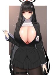 1girls black_hair blue_archive blush breasts chixiao cleavage female halo huge_breasts light-skinned_female long_hair looking_at_viewer millennium_science_school_logo_(blue_archive) millennium_science_school_student office_lady png red_eyes rio_(blue_archive) seminar_(blue_archive) thick_thighs top_lift