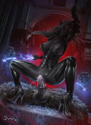 alyiara_arab'sek assertive_female balls beastman big_penis bondage breasts chains clothed_sex cowgirl_position cum cum_in_pussy cum_inside dark-skinned_female dark_elf dark_skin drow dungeons_and_dragons elf elf_ears equine_penis erect_nipples evil_grin fantasy female_dominating_nonhuman femdom forgotten_realms fur grin horsecock interspecies latex_clothing magic magical_bondage penis questionable_consent red_eyes reverse_cowgirl_position sentones sex sex_slave size_difference skyldfri smile straight vaginal_penetration white_hair