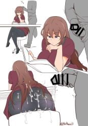 1boy 1girls 3koma after_ejaculation akiakane13 anklet arm_support ass bar_censor bent_over bent_over_desk bent_over_table blue_eyes book breasts brown_hair casual_bukkake censored chair character_request chin_rest comic crossed_legs cum cum_in_pants cum_on_ass cum_on_body cum_on_bystander cum_on_chair cum_on_clothes cum_on_hair cum_string cumshot desk ejaculation focused large_ass large_breasts long_hair male_masturbation masturbation oblivious panties panties_under_pantyhose pantyhose partially_colored penis reading reading_book sequential shoes short_skirt short_sleeves sitting sitting_on_chair skirt suprise_cumshot table thighs three_panels unaware underwear very_long_hair