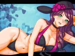 1girls alternate_costume bare_shoulders bare_thighs bikini black_bikini black_swimsuit breasts brown_hair choker cleavage collarbone dorothea_arnault earrings female female_only fire_emblem fire_emblem:_three_houses fire_emblem_heroes flower hat hat_flower hourglass_figure large_breasts long_hair looking_at_viewer mimizunooka nintendo official_alternate_costume on_side open_mouth pose shoulders smile solo sun_hat swimsuit thighs wide_hips