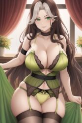 ai_generated big_breasts brown_hair cleavage curvy female_focus female_only garter_straps green_bra green_eyes green_lingerie green_panties hip_dips lingerie long_hair marvel marvel_comics multicolored_hair novelai rogue_(x-men) smiling solo solo_female solo_focus stable_diffusion stockings thick_thighs thigh_highs thighhighs transformationwitch underwear undressing white_hair x-men