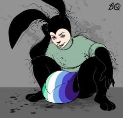 1boy anthro beautyquits big_balls big_bulge big_penis bulge_focus gay_male gay_male_pride_colors huge_balls huge_bulge male_only oc pride_color_underwear pride_colors rabbit red_eyes solo_male