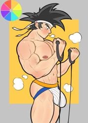 1boy abs bara big_bulge big_muscles black_hair blush blushing bulge bulge_through_clothing color_wheel_challenge dragon_ball dragon_ball_z exercise exercise_equipment exercising feet_out_of_frame gay gepp_(artist) grey_background headband huge_bulge jockstrap jockstrap_only light-skinned_male light_skin male male_only muscles muscular muscular_male orange_background pecs pectorals penis_in_underwear solo solo_focus solo_male son_goku standing steam steaming_body steamy_breath sweat sweatdrop sweating underwear underwear_only veiny veiny_muscles white_headband white_jockstrap white_underwear