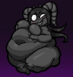 1girls belly belly_button big big_belly big_butt black_hair blush breasts dark_skin demon demon_girl fat hand_on_belly holding_breast horns navel obese overweight overweight_female sharp_teeth solo the_binding_of_isaac the_siren_(the_binding_of_isaac) white_eyes