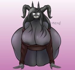 1girls annoyed areolae black_hair cleavage cleavage_window dark_skin demon demon_girl hands_on_floor horns huge_ass huge_breasts looking_at_viewer massive_breasts sharp_teeth solo sweat text the_binding_of_isaac the_siren_(the_binding_of_isaac) thick_thighs unknown_artist white_eyes wide_hips