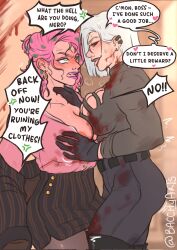 2girls ass bacchyarts black_sclera blood blood_on_clothes blood_on_face blush breasts colored_sclera diavolo english_text female female_focus genderswap_(mtf) gloves grabbing grabbing_another's_breasts jojo's_bizarre_adventure large_breasts long_hair makeup multiple_girls pink_hair red_eyes risotto_nero rule_63 rule_63 shirt skirt speech_bubble thick_thighs thighs tongue tongue_out trembling undressing vento_aureo yuri