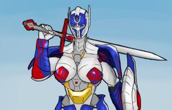 1girls alien alien_girl alien_humanoid armor bayformers bayverse big_breasts blue_eyes breasts hasbro mask masked masked_female mechanical optimus_prime robot robot_girl robot_humanoid rule_63 shield solo solo_female solo_focus sword takara_tomy transformers transformers_(bayverse)