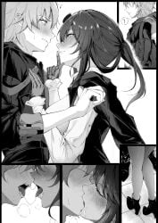 1boy absurdres aisutei black_footwear blush caelus_(honkai:_star_rail) eyewear_on_head female french_kiss gloves grey_hair greyscale highres honkai:_star_rail honkai_(series) index_finger_raised jacket kafka_(honkai:_star_rail) kissing long_sleeves monochrome multiple_girls saliva saliva_trail shirt sunglasses_on_head sweatdrop