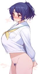 blue_hair blush bottomless breasts dark_blue_hair female female_pubic_hair highres huge_breasts idolmaster idolmaster_million_live! idolmaster_million_live!_theater_days long_sleeves looking_ahead namidame navel nose_blush ponytail pubic_hair pussy_juice pussy_juice_trail school_uniform serafuku shirt simple_background solo steam sweatdrop toyokawa_fuka transparent_background white_shirt