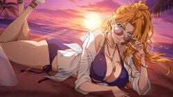 adjusting_eyewear adjusting_glasses adjusting_sunglasses beach bikini bleach breasts large_breasts looking_over_eyewear looking_over_glasses looking_over_sunglasses matsumoto_rangiku orange_hair purple-tinted_eyewear sunglasses swimsuit tinted_eyewear