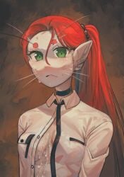 6_breasts ai_generated alien_girl argemia_armuntela ariral_(eternitydev) choker cum cum_on_breasts cum_on_face eternitydev girl green_eyes pixai red_hair voices_of_the_void