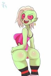 1girls ass ass big_ass big_butt blush blush crisisaura earrings eyeliner eyeshadow female female_only green_body green_skin hand_on_hip looking_at_viewer lord_dominator short_hair solo solo_female solo_focus stockings thighhighs thighs wander_over_yonder white_hair wide_hips