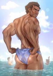 1boy abs antibooart back back_muscles back_view bara biceps blue_sky blue_speedo blue_swimwear blue_underwear brown_hair gay hi_res highres hispanic hispanic_male human looking_at_viewer looking_back male male_focus male_only marvel miguel_o'hara muscles muscular muscular_male ocean pecs pectorals red_eyes sidepec solo solo_focus solo_male speedo speedo_only spider-man spider-man:_across_the_spider-verse spider-man_(series) spider-man_2099 standing swimwear swimwear_only tan_body tan_line tan_skin tanline toned toned_body toned_male underwear underwear_only water wet_body wet_skin