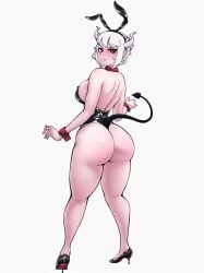 1girls 2023 ass bubble_butt bunny_ears bunny_ears_(cosmetic) bunnysuit demon demon_girl demon_horns demon_tail embarrassed female female_only heels helltaker hi_res horns looking_at_viewer looking_back looking_back_at_viewer lucifer_(helltaker) rear_view red_eyes solo tail thick_thighs tonka_kryga wavy_mouth white_background white_hair wrist_cuffs