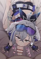 1boy 2d all_fours bar_censor black_gloves black_shorts blue-tinted_eyewear blush brown_eyes censored commentary_request crossed_bangs drawing eyewear_on_head fellatio female fingerless_gloves gloves green_pupils grey_hair honkai:_star_rail honkai_(series) oral paid_reward_available penis penis_on_face petite ponytail pov pov_crotch purple-tinted_eyewear rokita short_shorts shorts silver_wolf_(honkai:_star_rail) sound_effects speech_bubble straight thigh_strap tinted_eyewear translation_request variant_set veins veiny_penis