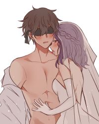 1boy 1girls black_hair blindfold bridal_gloves bridal_veil bride couple dress elbow_gloves fault_milestone female gloves licking pink_eyes purple_hair ritona_reighnvhasta shirtless_male straight veil wedding_dress white_dress white_gloves