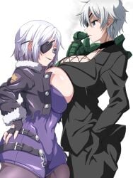 2girls adult aina_winchester akame_ga_kill! big_breasts black_pants black_shirt blue_eyes breast_press breasts choke_hold cigarette cigarette_holder cleavage cleavage_cutout covered_nipples covering_breasts crossover eye_contact eyepatch female female_focus female_only fingerless_gloves gloves hand_in_pocket holding_object huge_breasts jacket large_ass large_breasts large_butt light-skinned_female light_skin looking_at_another looking_down looking_up multiple_girls najenda_(akame_ga_kill!) open_jacket open_mouth opposite_sex_twins pantyhose profile prosthetic prosthetic_arm prosthetic_limb purple_eyes ripped_clothing ryohei_29 serious serious_look shiny_breasts shiny_hair shiny_skin short_hair silver_hair size_difference smoke smoking smug smug_expression smug_face square_enix taimanin_(series) taimanin_asagi taimanin_asagi_battle_arena taimanin_rpgx teasing thick_thighs tomboy trait_connection