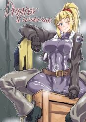 blonde_hair blue_eyes bodysuit cameltoe coat_on_shoulders dragunov_(metal_slug) eye_scar genital_outline huge_breasts jackasss looking_at_viewer metal_slug metal_slug_attack muscular muscular_female one_eye_closed ponytail showing_off spread_legs steam steamy steamy_breath steamy_pussy thick_thighs