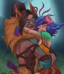 2girls animal_ears apoduomai cat_ears cleavage comic_page cute dark-skinned_female dark_skin dress feral flower flower_in_hair fur happy hug jungle league_of_legends leather leather_clothing light-skinned_female light_skin long_hair muscular muscular_female neeko nidalee nidalee_(legends_of_runeterra) petite petite_body petite_female short_hair small_breasts smaller_female smile smirk tan_body tank_top tattoo tattoos thin_waist throne_of_ixtal video_games wholesome yuri