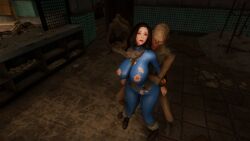 3d bodysuit emotrashcan fallout feral_ghoul_(fallout) nora_(fallout_4) screenshot standing_doggy_style straight torn_clothes vault_dweller vault_suit