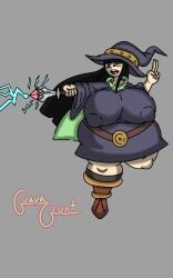 2d belt black_eyes black_hair boots cape guavagrunt honey_tanaka huge_breasts lightning_bolt mage mage_hat magic nipples nipples_visible_through_clothing oc original original_character peace_sign robe simple_background smile tasteofchoklit wand wide_hips wink wizard_hat