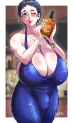 1futa black_hair blue_eyes blue_hair bottle bottomless bracelet breasts bulge clothed clothing dress drink evening_gown flaccid fully_clothed futa_only futanari gigantic_breasts huge_breasts light-skinned_futanari light_skin mature_female necklace newhalf panco_(artist) short_hair solo standing thick_thighs wide_hips