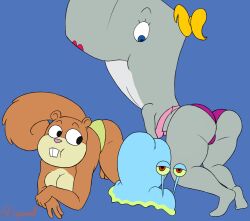 2girls anthro big_ass big_butt blue_skin brown_hair brown_skin cetacean confused confused_look female furry furry_female gary_the_snail height_difference male pearl_krabs pose sandy_cheeks sigorordl snail snail_with_giant_ass_where_its_shell_should_be sperm_whale spongebob_squarepants squirrel straight_hair whale