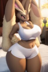 ai_generated anthro bed bedroom big_ass black_sclera brown_fur bunny busty cleavage cream_fur crop_top curvaceous curvy erect_nipples fluffy fluffy_ears fur furry game_freak huge_breasts indoors lagomorph long_ears lopunny midriff pokemon pokemon_(species) rabbit red_eyes stable_diffusion standing thick thick_thighs voluptuous wgenjoyr4539 white_crop_top white_shorts wide_hips