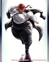 1girls belly big_belly buttoned_shirt chainsaw_man huge_breasts huge_thighs jacket makima_(chainsaw_man) obese obese_female overweight overweight_female pants red_hair shirt shoes smile solo thick_thighs wide_hips yellow_fur