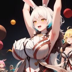 1girls 2023 2girls 3girls ai_generated annoyed armpits arms_up asmoday_(genshin_impact) balls blonde_hair blue_hair blush bodysuit breast_expansion breasts breasts_bigger_than_head breasts_out bulge bunny_ears bursting_breasts bursting_clothes clothed clothing expansion festival floating_hair genshin_impact gloves growth happy hi_res highres hourglass_figure huge_breasts human jealous large_breasts light-skinned_female light_skin long_hair looking_at_breasts multicolored_hair open_mouth pink_hair surprised teeth voluptuous voluptuous_female white_hair yellow_eyes yellow_hair