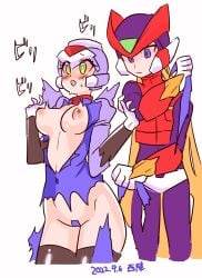 1boy 1boy1girl 1girls blush bouncing_breasts covered_pussy cyber_elf_x medium_breasts mega_man mega_man_zero rule_63 surprised tagme thighhighs torn_clothes x_(mega_man) yuki_nishijin zero_(mega_man)