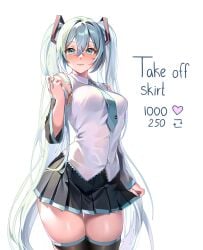 1girls :3 aqua_eyes aqua_hair blush chest clothed detached_sleeves female female_only hair_between_eyes hatsune_miku highres light-skinned_female long_hair looking_at_viewer machulanko shirt skirt sleeveless_shirt solo standing stockings strip_game thick_thighs thighs tie twintails vocaloid white_background white_shirt