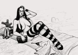 beach big_breasts bikini bikini_aside bottomless bracelet breasts busty choker devil_hs female female_focus female_only glasses goth goth_girl hourglass_figure micro_bikini original outdoors outside stripes_(devil_hs) summer sunglasses tagme thighs wide_hips