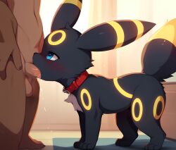 1boy ai_generated all_fours anthro_on_feral black_fur brown_fur collar damnblackfox fellatio_from_feral female feral furry looking_at_partner looking_up oral oral_penetration oral_sex pokemon pokemon_(species) stable_diffusion umbreon