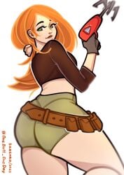 1girls ass ass_bigger_than_head belt big_breasts breasts clothing crop_top disney disney_channel english_text female female_only freckles gloves green_eyes huge_ass human human_only kim_possible kimberly_ann_possible large_ass large_breasts long_hair looking_at_viewer navel onebutt_oneday_2023 orange_hair pants_down pistol pubes pubic_hair saechko shortstack solo standing