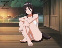 1girls arekusanderu bare_legs barefoot bathhouse big_breasts boruto:_naruto_next_generations bra breasts brown_hair busty crossed_legs feet female female_only fetish foot_fetish hot_spring hyuuga_hanabi knees_up lavender_eyes looking_at_viewer low-tied_long_hair low_ponytail naruto naruto_(series) onsen oppai panties sitting smile solo solo_focus tied_hair toes underwear very_long_hair