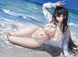 ahoge anti_kumo azur_lane beach bikini breasts cleavage criss-cross_straps crossed_bangs female hand_up highres huge_breasts jacket large_breasts long_hair lying ocean off_shoulder official_alternate_costume on_side one_eye_closed partially_submerged red_eyes stomach string_bikini swimsuit taihou_(azur_lane) taihou_(seaside_daydreams)_(azur_lane) thigh_strap tongue tongue_out v wet_bikini white_bikini white_jacket