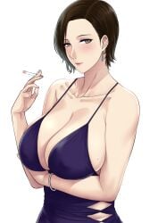 arm_under_breasts bare_shoulders big_breasts bracelet breasts brown_eyes cigarette cleavage collarbone dark_brown_hair dress earring female female_only looking_at_viewer mole_on_breast original original_character purple_dress short_hair smoking white_background xter xtermination