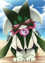 @_@ all_fours anthro beach bikini black_bikini blue_sky body_fur breasts claws cloud commentary_request condom condom_in_mouth condom_wrapper covered_nipples dagasi day female furry furry_female green_fur green_hair highres large_breasts looking_at_viewer meowscarada mouth_hold ocean outdoors png pokémon_(species) pokemon pokemon_(species) pokemon_sv red_eyes sand sky solo sweat swimsuit