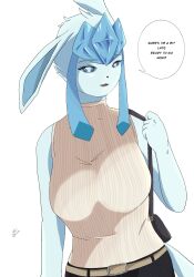 alternate_version_available anthro artist_signature big_ass big_breasts breasts dialogue english_text furry furry_breasts game_freak glaceon looking_at_viewer nintendo pants pokemon pokemon_(species) prismdogartz purse self_upload speech_bubble sweater talking_to_viewer text white_background