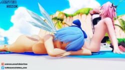 1boy 1girls 2023 3d ass astolfo_(fate) beach beach_towel blue_hair bow braid braided_hair braided_ponytail breasts casual_nudity cirno closed_eyes completely_nude crossover fairy fairy_wings fate_(series) female femboy hairbow huge_ass huge_breasts ice ice_wings lying lying_down lying_on_stomach male misterorzo mmd nipples nude open_mouth pink_hair short_hair sideboob thick_thighs touhou towel wings