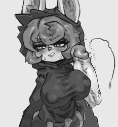 1boy 1girls animal_ears big_breasts blush clothed embarrassed league_of_legends looking_away monochrome penis sappu sappucaio short_hair shortstack standing sweat vex_(league_of_legends) yordle