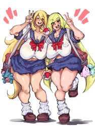 2girls alternate_breast_size big_breasts blonde_hair blue_eyes breasts busty curvaceous curvy curvy_body curvy_female curvy_figure cynthia_(pokemon) female game_freak green_eyes huge_breasts large_breasts loose_socks lusamine_(pokemon) milf mother nintendo peace_sign pokémon pokeball pokemon pokemon_(game) pokemon_dppt pokemon_sm school_uniform schoolgirl_uniform skirt thick_thighs thighs tsunapiko voluptuous