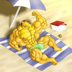 beach beach_towel bulge dog green_speedo muscle musclefurrydogaaron muscles penis_bulge raffle_prize yellow_dog yellow_fur zerozero